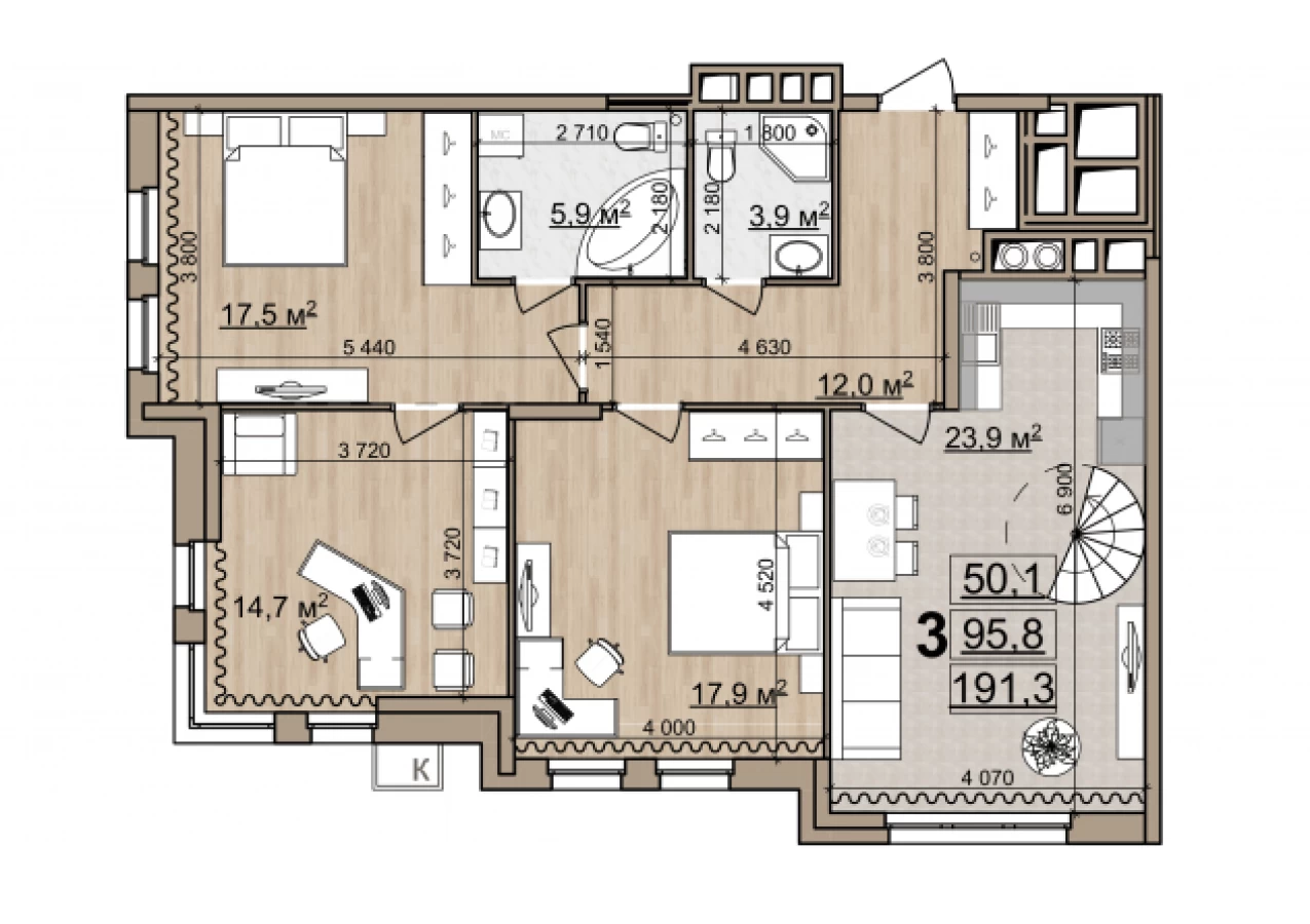 3-х комнатная квартира с террасой в центре Рязани площадью 193.3м2